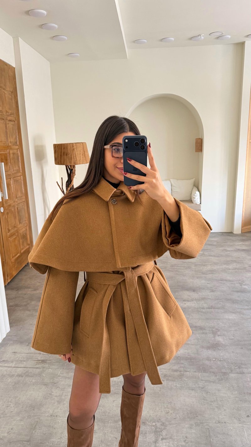 Camel Pelerin Detaylı Kuşaklı Astarlı Kaban GAUS-00727