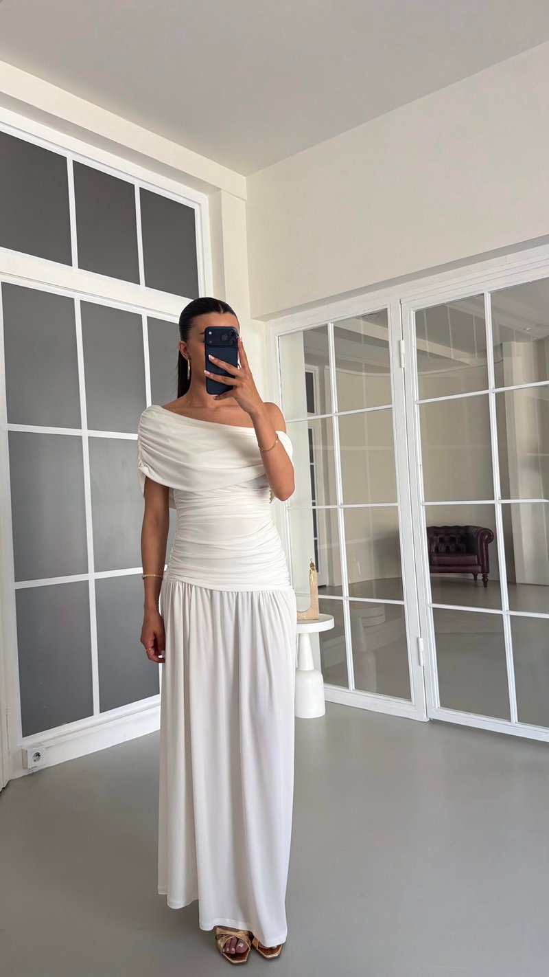 Ekru Drapeli Sandy Kumaş Elbise GAUS-01674