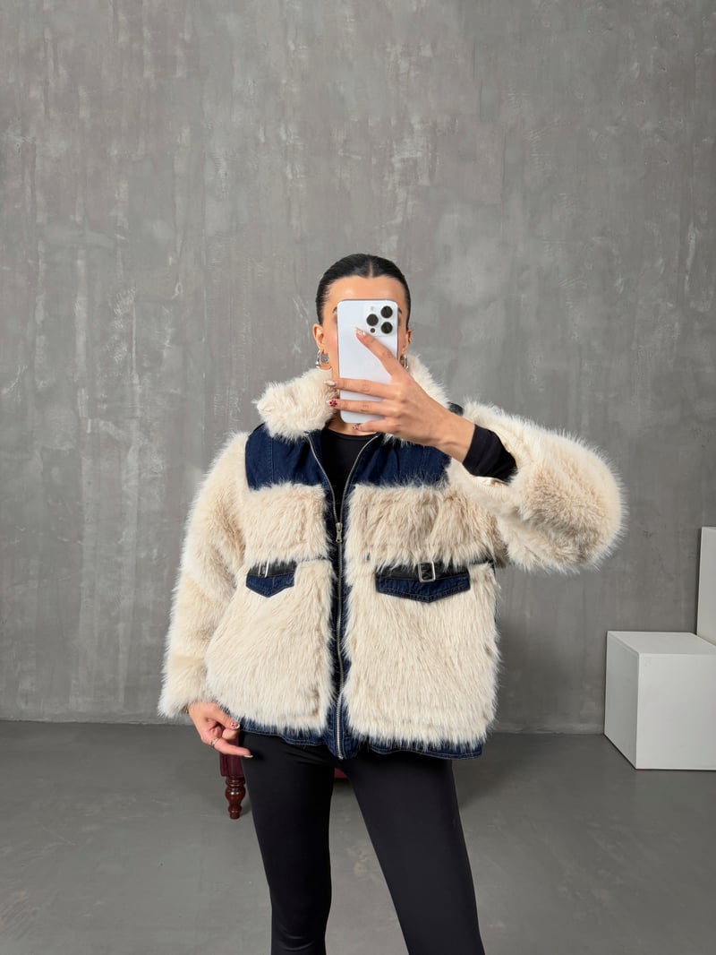 Monty Taş Peluş Kürk Denim Karışımlı Tasarım Ceket