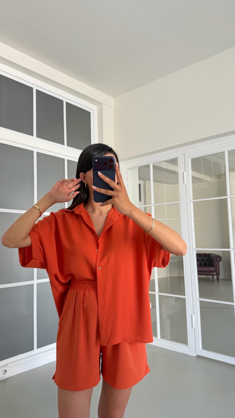 Turuncu Gömlek Beli Lastikli Şort Basic Takım GAUS-01721