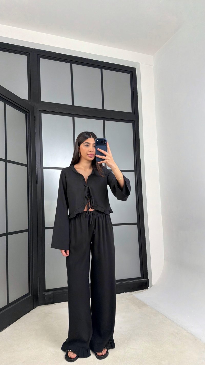 Siyah Önden Bağlamalı Gömlek Beli Lastikli Pantolon İkili Tencel Takım GAUS-01336