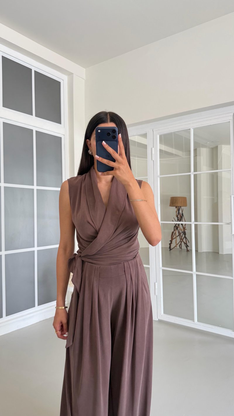 Kahve OYS Model Bağlama Detaylı Bluz Beli Lastikli Pantolon İkili Modal Takım GAUS-01662