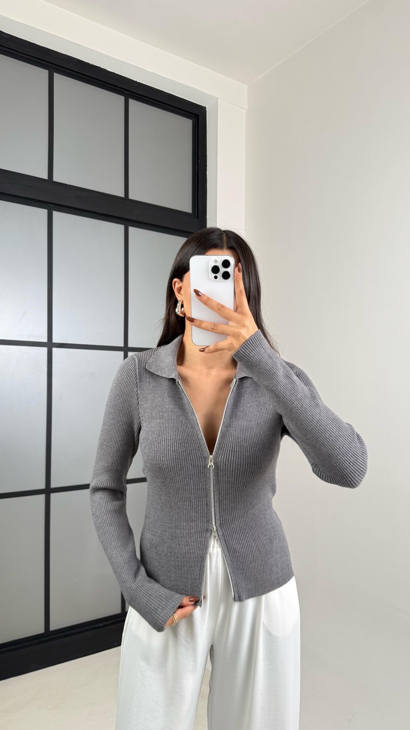 Gri Çift Fermuarlı Fitilli Hırka GAUS-00461