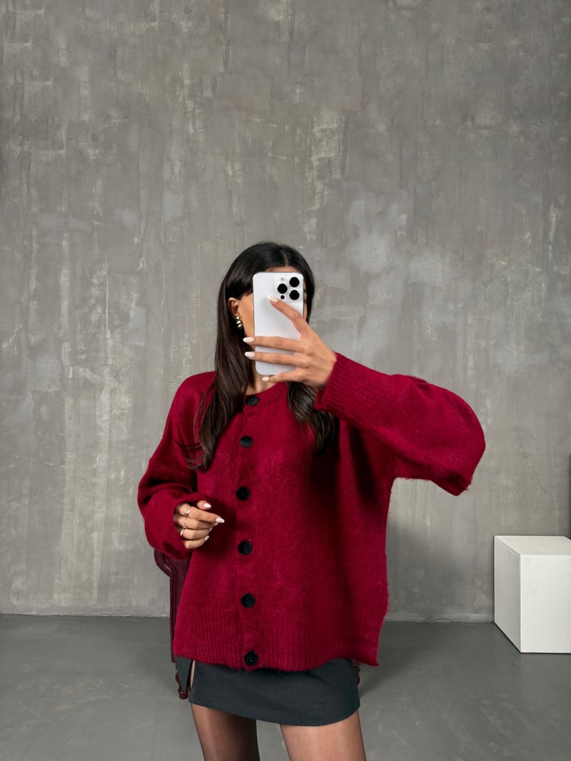 Belovi Bordo ZR Model Yandan Yırtmaç Detaylı Düğmeli Hırka