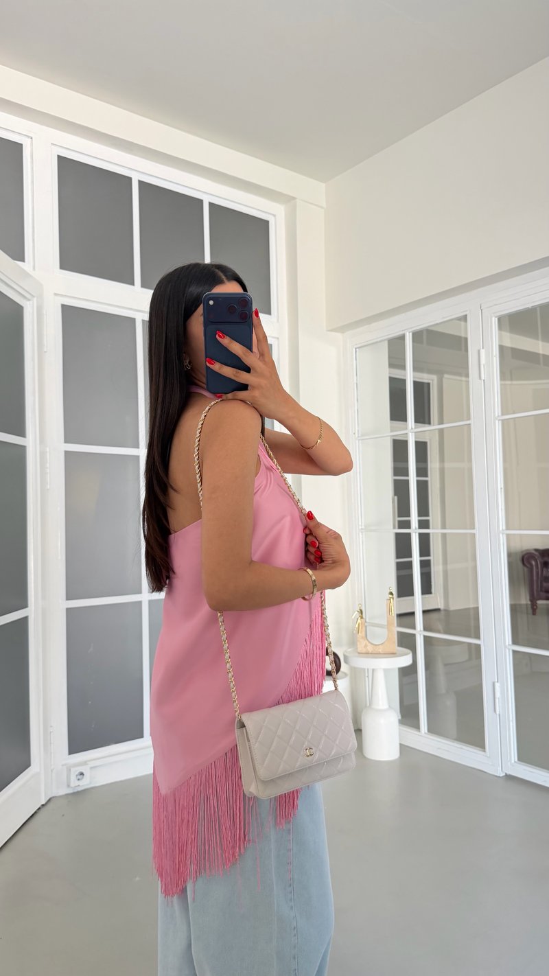Pembe Boyundan Bağlamalı Püsküllü Saten Bluz GAUS-01818