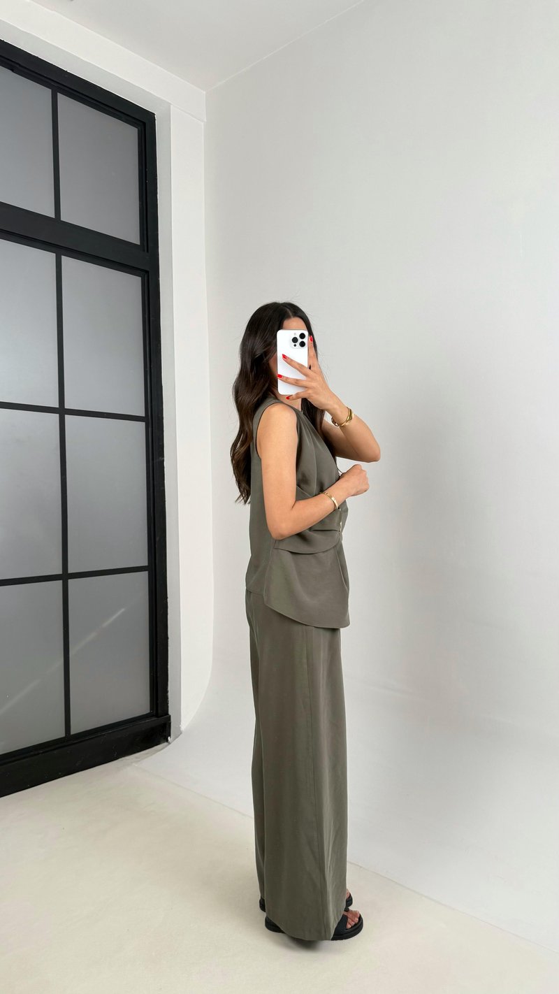 Haki Gold Detaylı Bluz Balon Pantolon İkili Tencel Takım Gaus00510