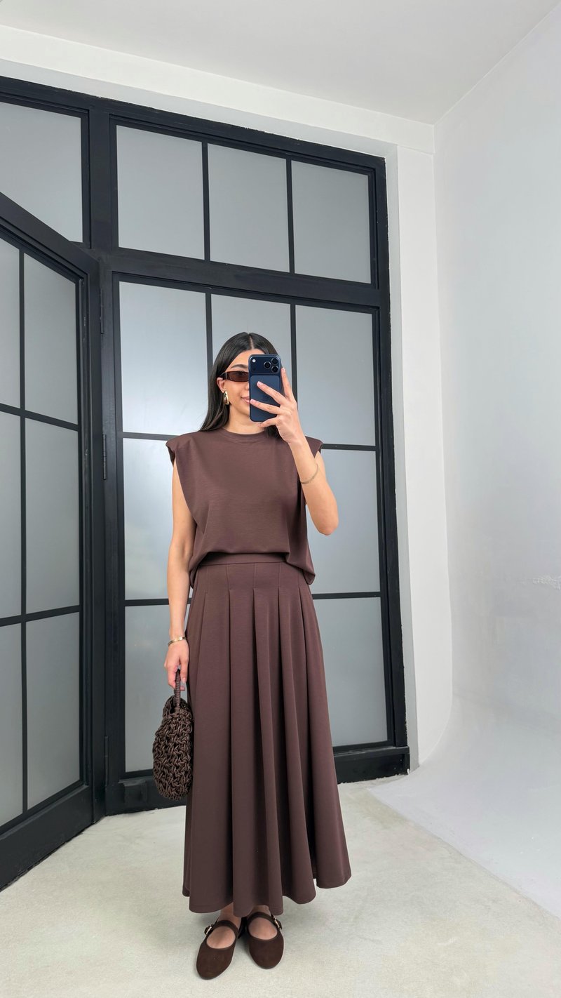 Kahve Vatkalı Bluz Cepli Etek İkili Modal Takım GAUS-01311