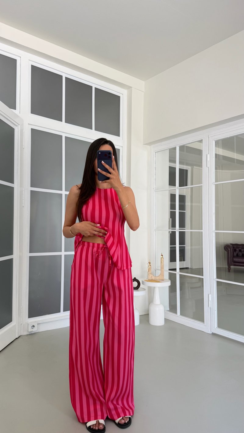 Pembe Kırmızı Çizgili Bluz Beli Lastikli Pantolon Çizgili Premium Takım GAUS-01740