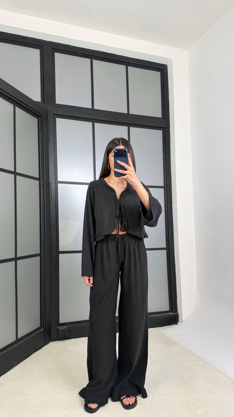 Siyah Önden Bağlamalı Gömlek Beli Lastikli Pantolon İkili Tencel Takım GAUS-01336