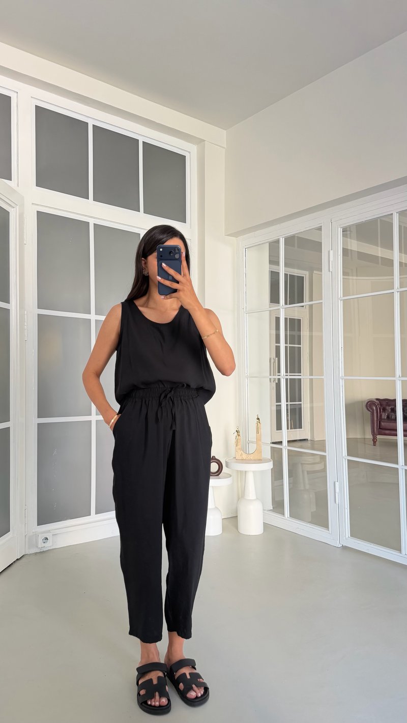 Siyah Bluz Beli Lastikli Pantolon İkili Tencel Takım GAUS-01769