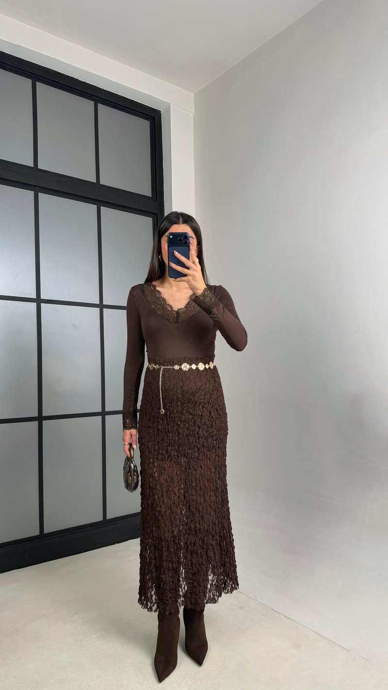 Acı Kahve Astarlı Dantel Etek GAUS-01085