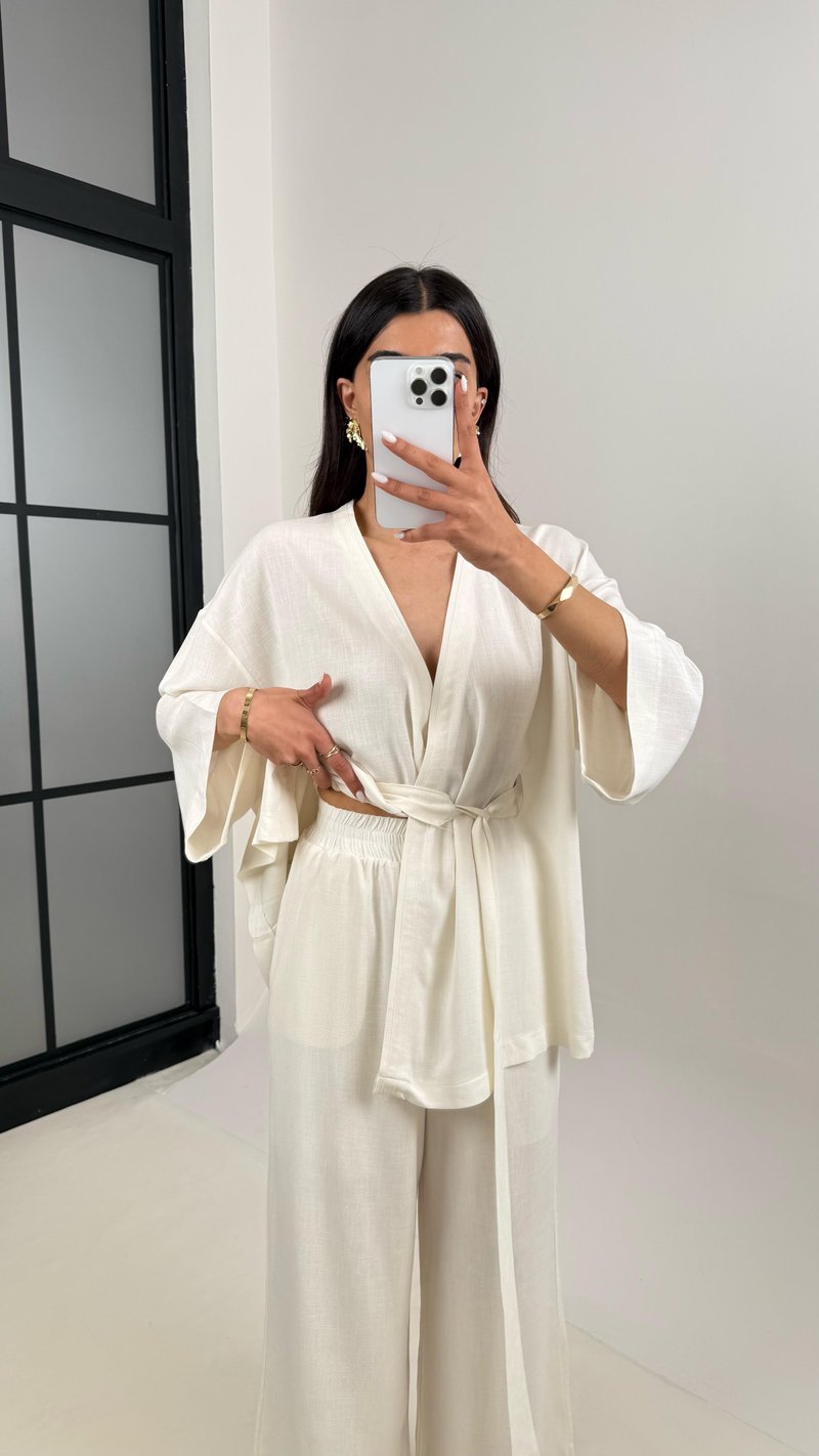 Ekru Kuşaklı Kimono Beli Lastikli Cepli Pantolon Keten Takım Gaus00397