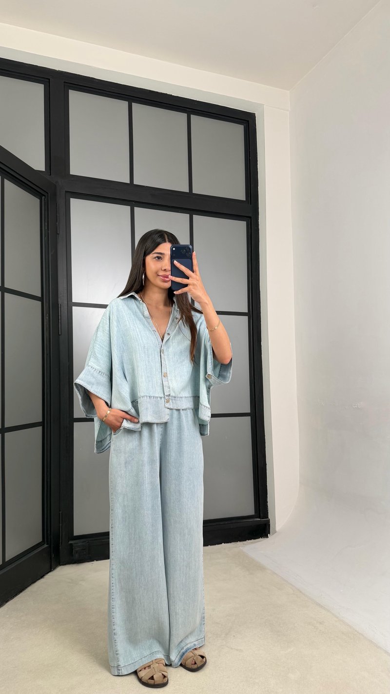 Açık Mavi Yarasa Kol Gömlek Beli Lastikli Pantolon Tencel Denim Takım GAUS-01539