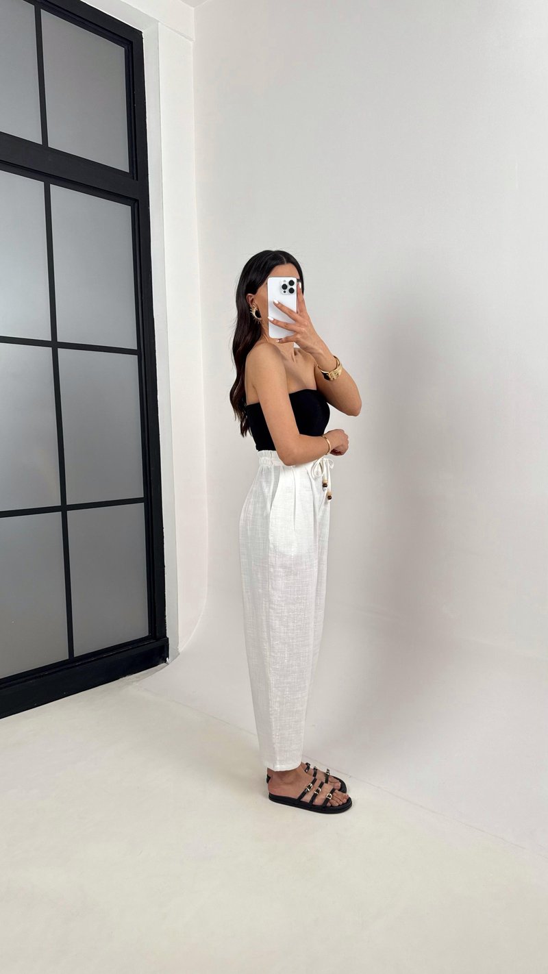 Beyaz Cepli Kuşaklı Balon Keten Pantolon Gaus00383