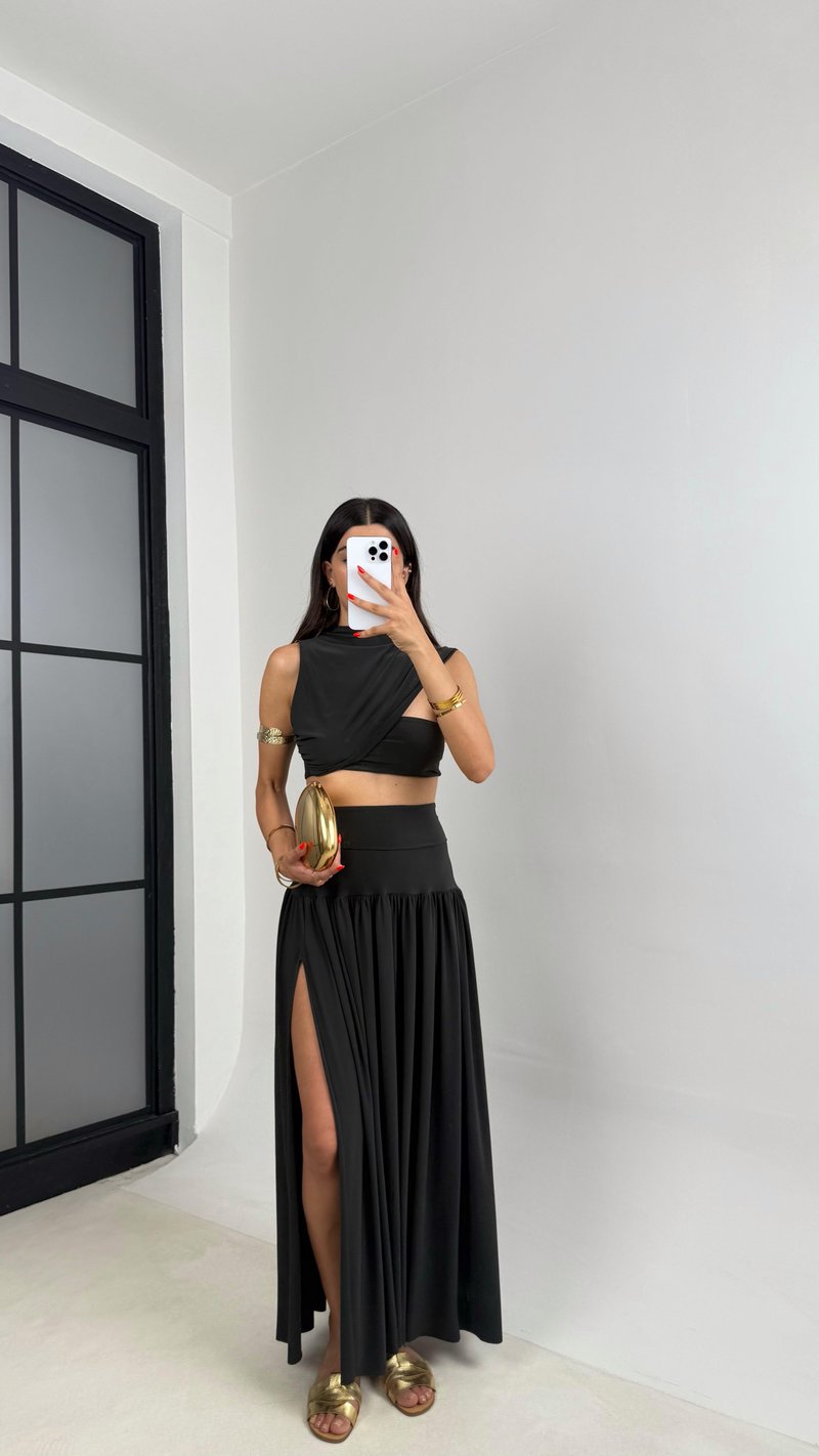 Haki Sandy Kumaş Yırtmaçlı Etek Crop Takım GAUS-0049