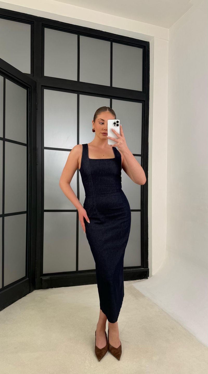 Lacivert Arkadan Yırtmaçlı Fermuarlı Premıum Denim Elbise GAUS-01199