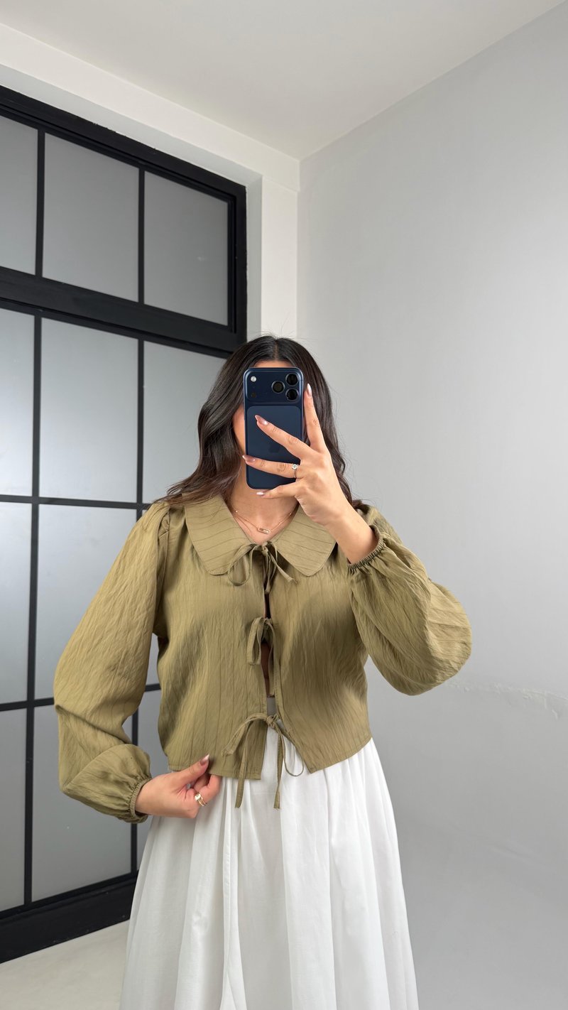 Yeşil Bebe Yaka Önü Bağlamalı Gömlek GAUS-01150