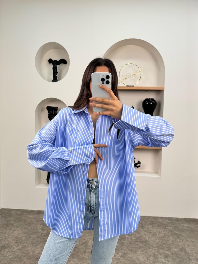 Lesa Mavi ZR Model Çizgili Oversize Gömlek