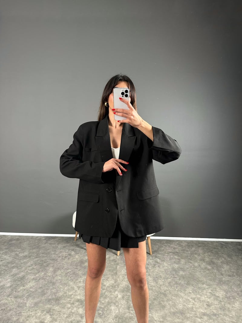Siyah Sırt Baskılı Oversize Blazer Ceket