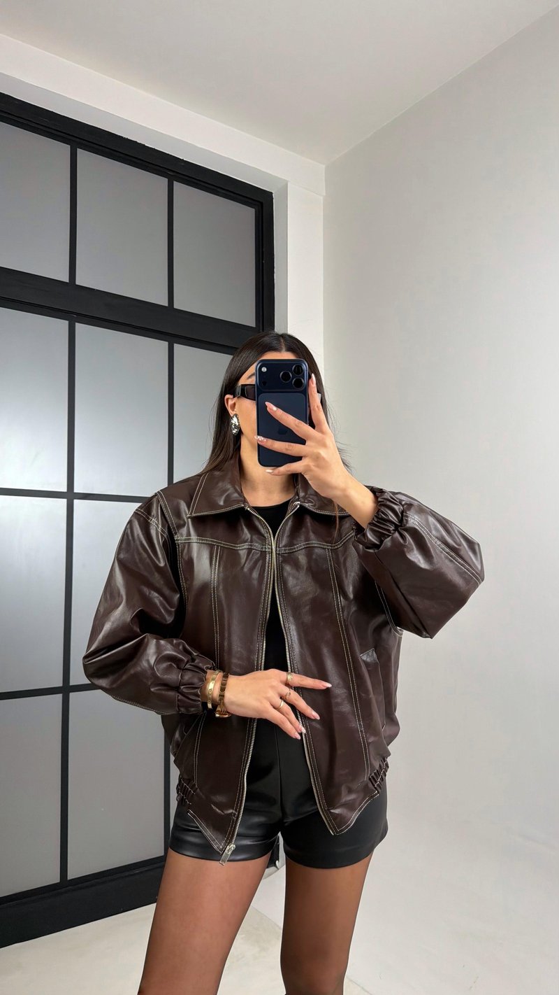 Kahve Dikiş Detaylı Astarlı Deri Ceket GAUS-00908