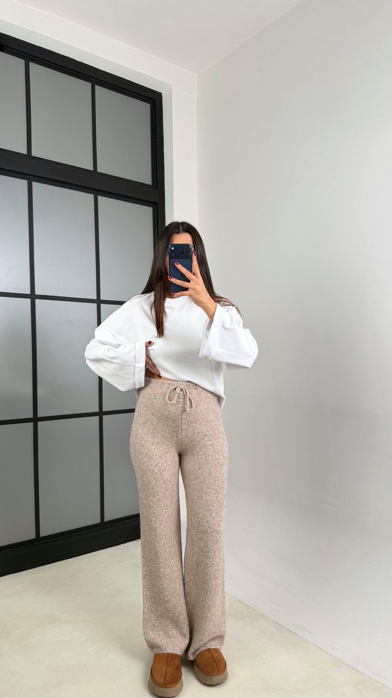 Bej Beli Lastikli Yumuşak Dokulu Triko Pantolon GAUS-00652