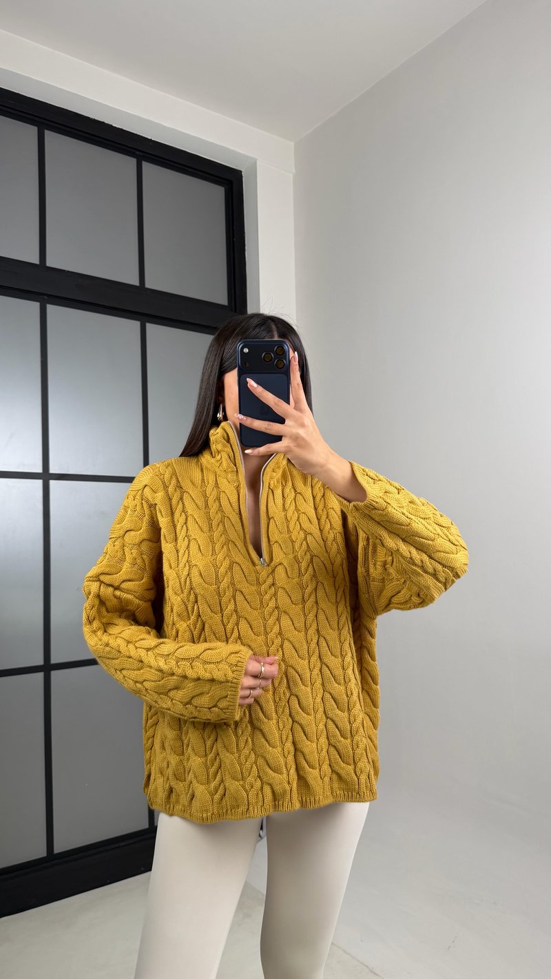 Hardal Fermuarlı Saç Örgülü Kazak GAUS-00855