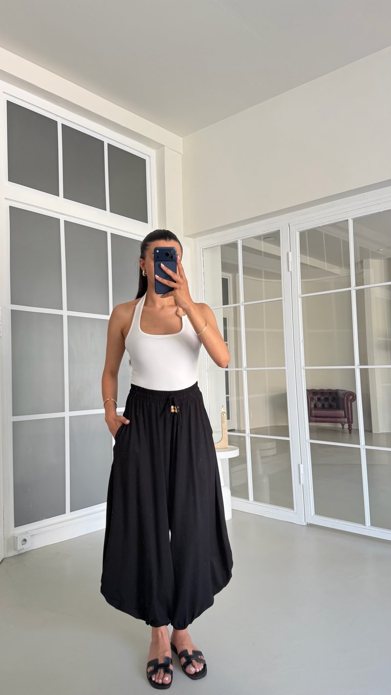Siyah Boncuk İpli Modal Kumaş Şalvar Pantolon GAUS-01676
