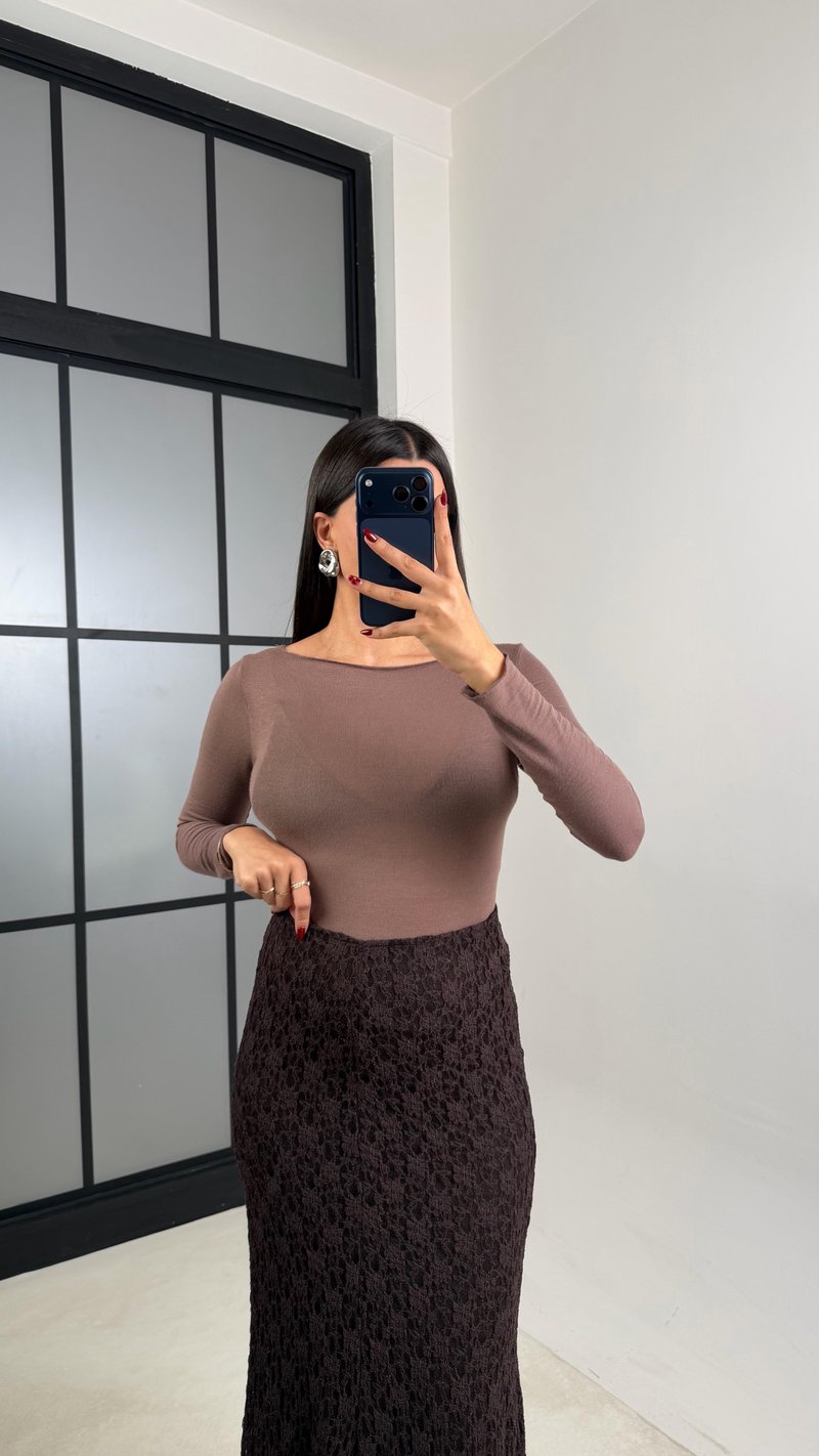 Acı Kahve Maxi Boy Full Astarlı Dantel Etek GAUS-00714