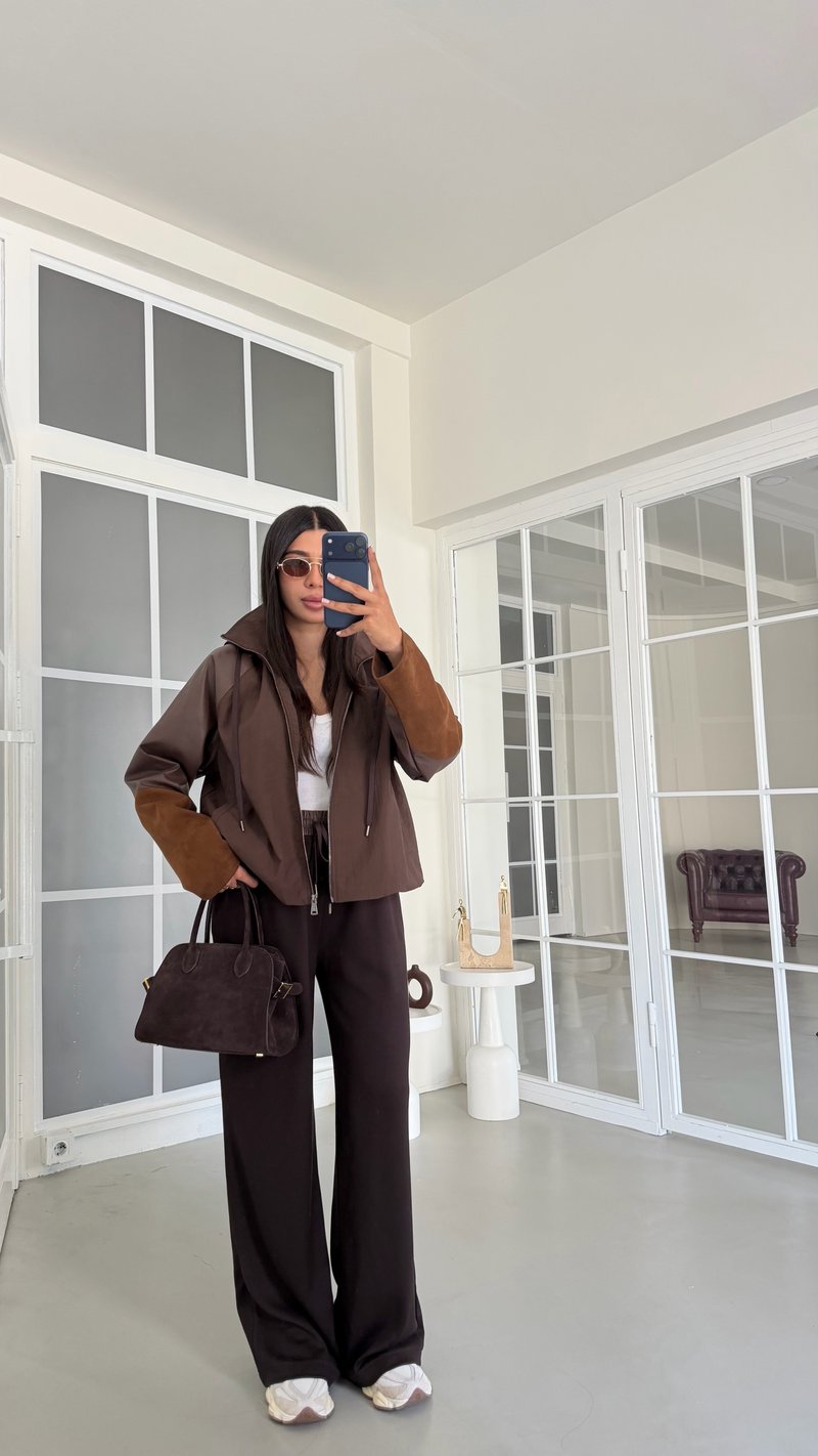 Kahve Kapüşonlu Kadife Kol Detaylı Hırka Beli Lastikli Pantolon İkili Modal Takım GAUS-02060