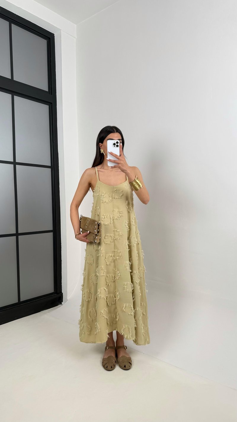 Soft Yeşil Püskül Detaylı Askılı Astarlı Keten Elbise Gaus00392