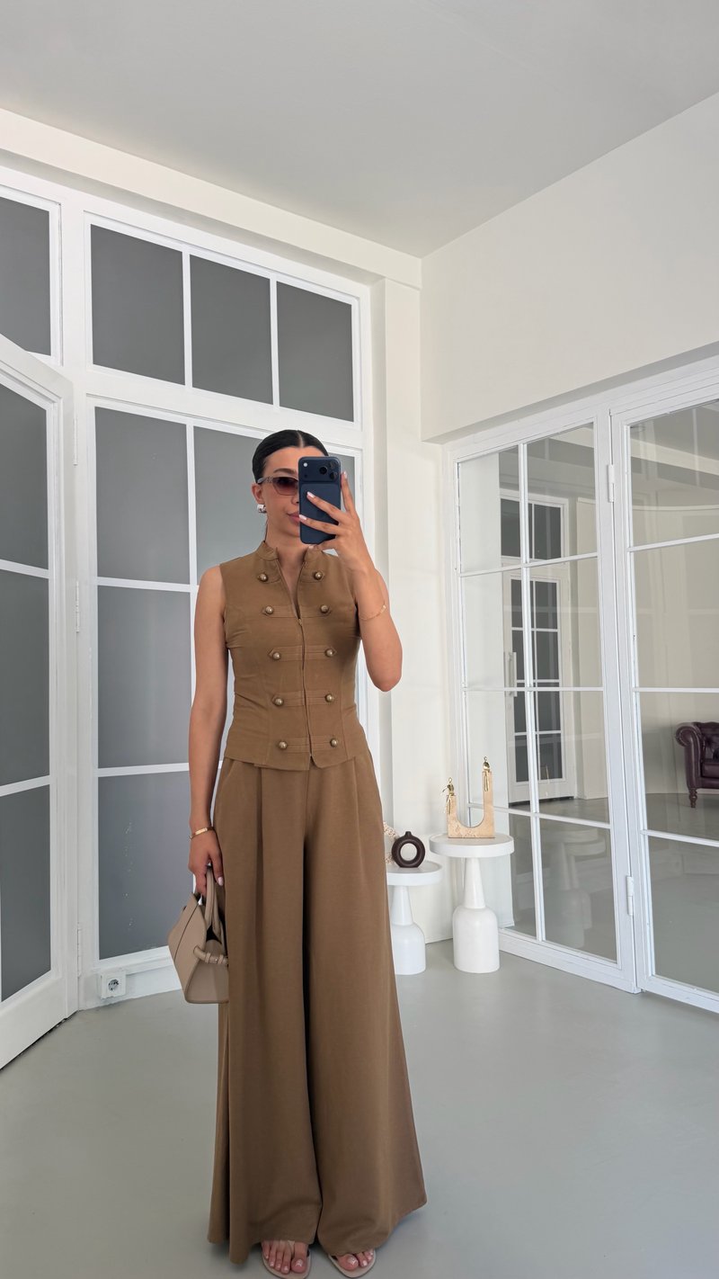 Kahve Düğme Detaylı Ceket Pantolon İkili Keten Takım GAUS-01739