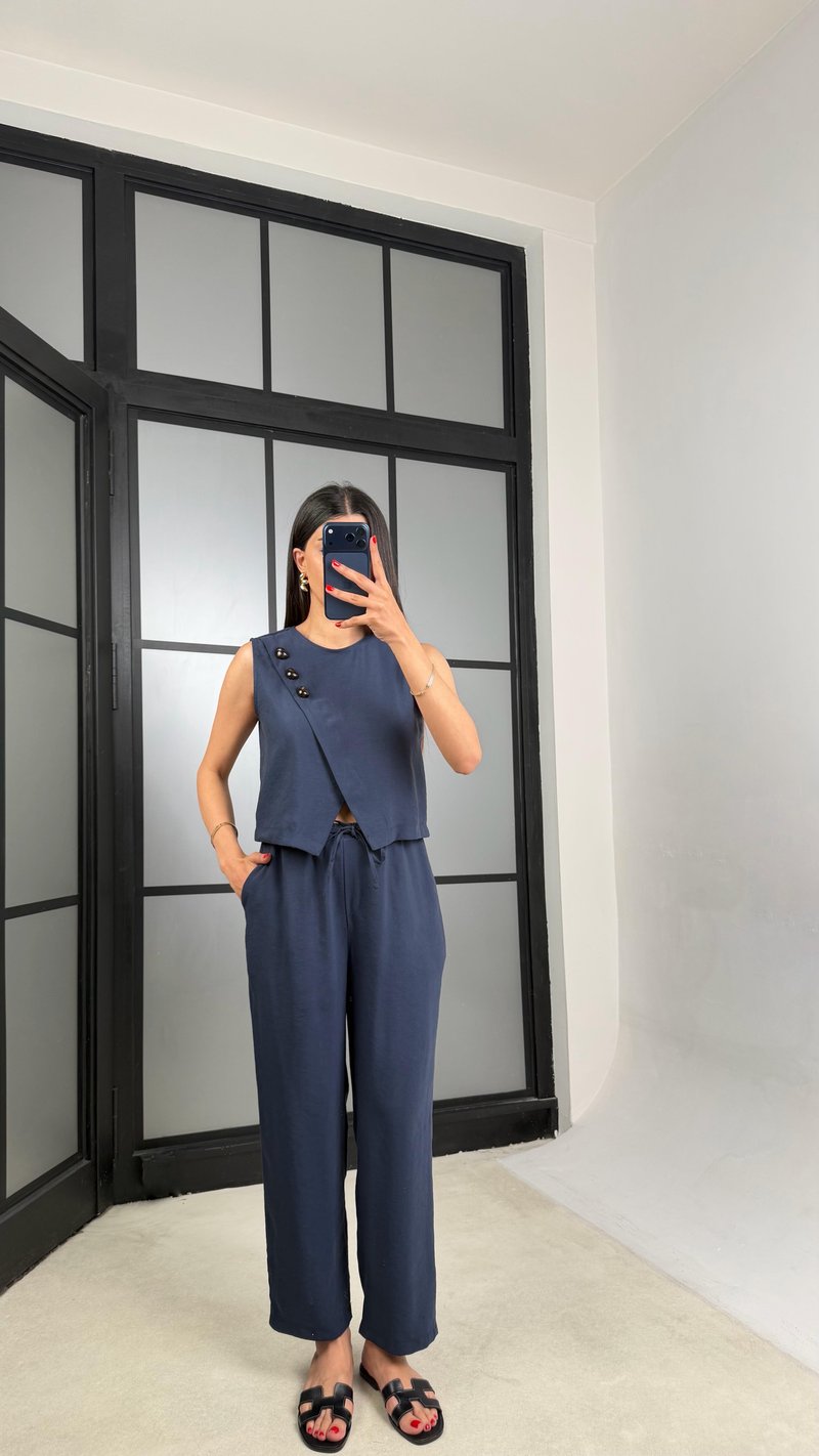 Lacivert Yelek Beli Lastikli Pantolon Premium Takım GAUS-01538