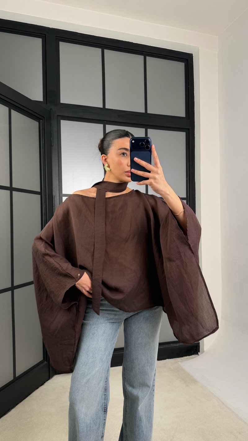 Kahve Yarasa Kol Fular Detaylı Transparan Bluz GAUS-01294