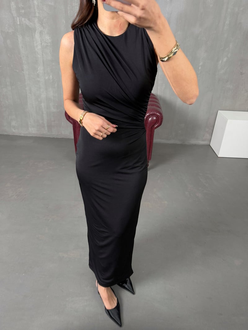 Helena Siyah ZR Model Drapeli Astarlı Elbise