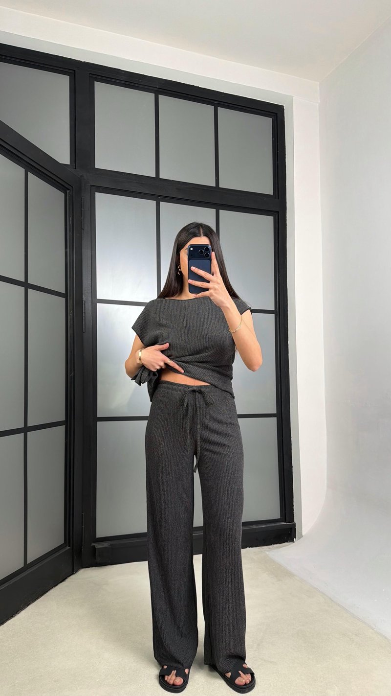 Antrasit Bağlama Detaylı Bluz Beli Lastikli Pantolon Krinkıl Kumaş Takım GAUS-01308