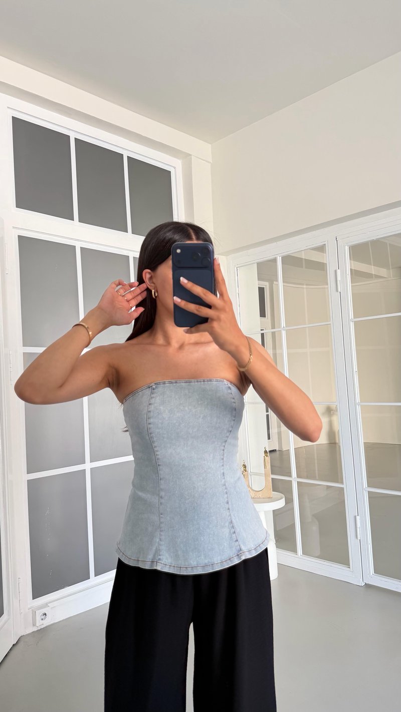 Açık Mavi Starplez Denim Korse Bluz GAUS-01623