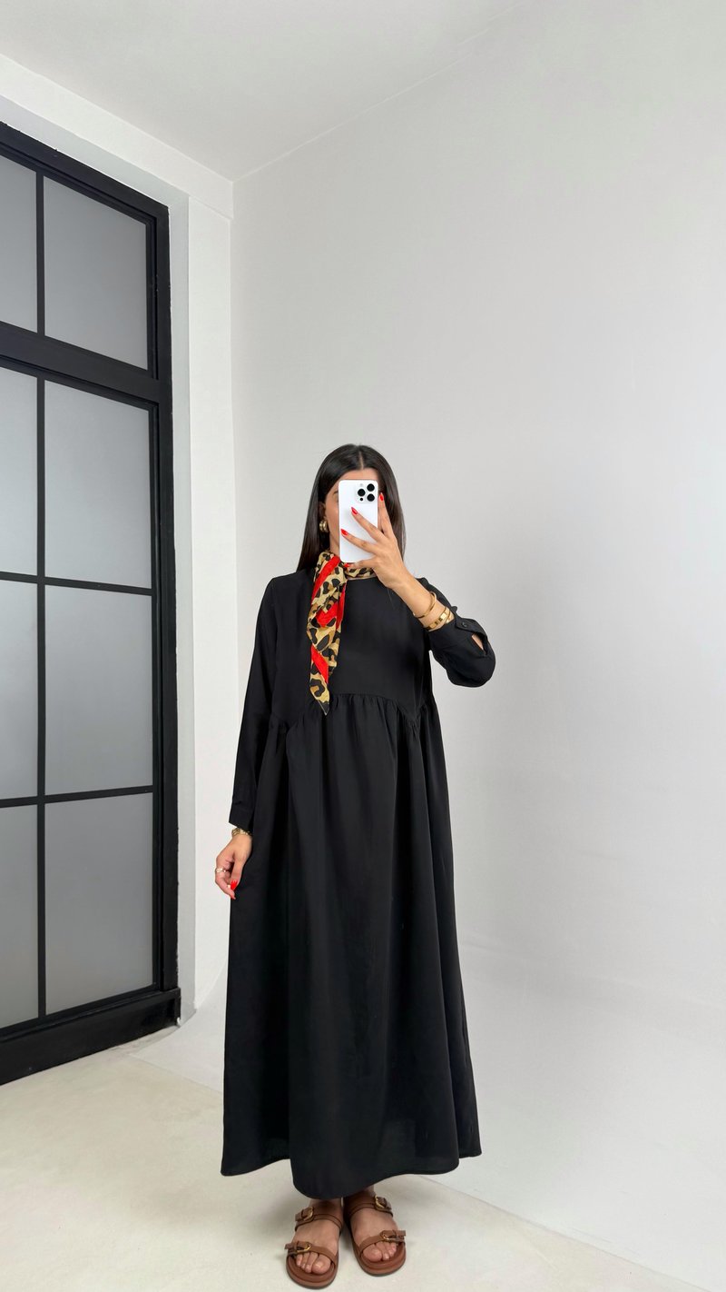 Siyah Altı Balon Uzun Kol Cep Detaylı Tencel Pinterest Elbise GAUS-0025
