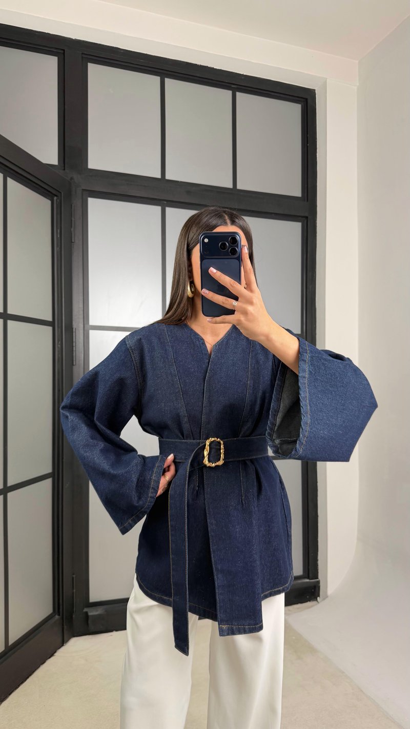 Lacivert Kemerli Denim Ceket GAUS-01198