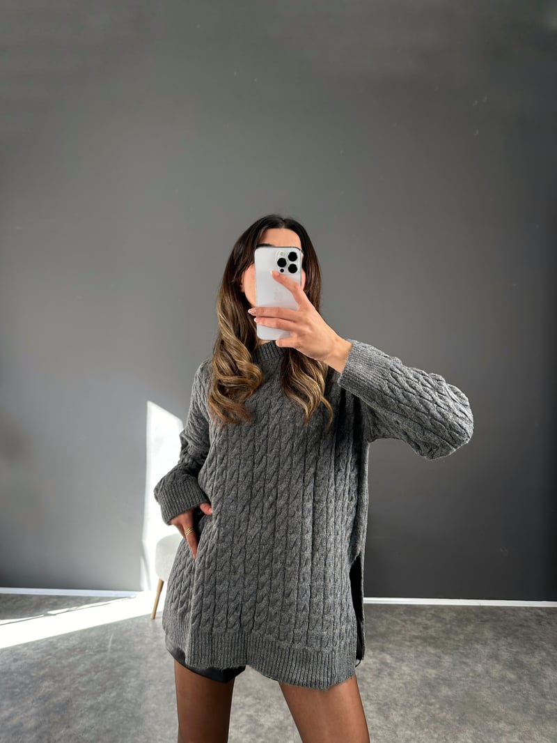 Antrasit Örme Yırtmaçlı Oversize Kazak 