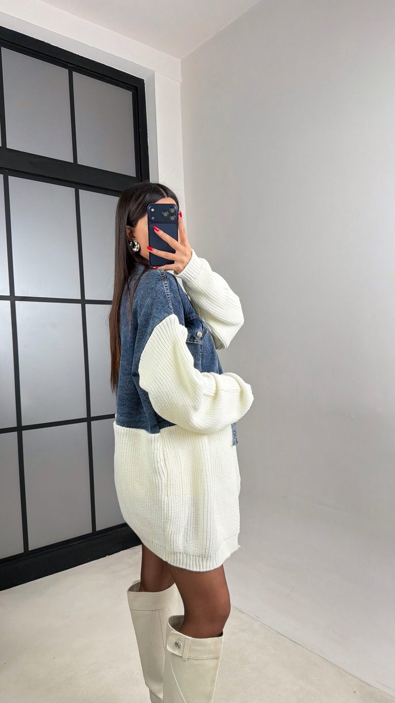 Ekru Denim Detaylı Triko Hırka GAUS-01002