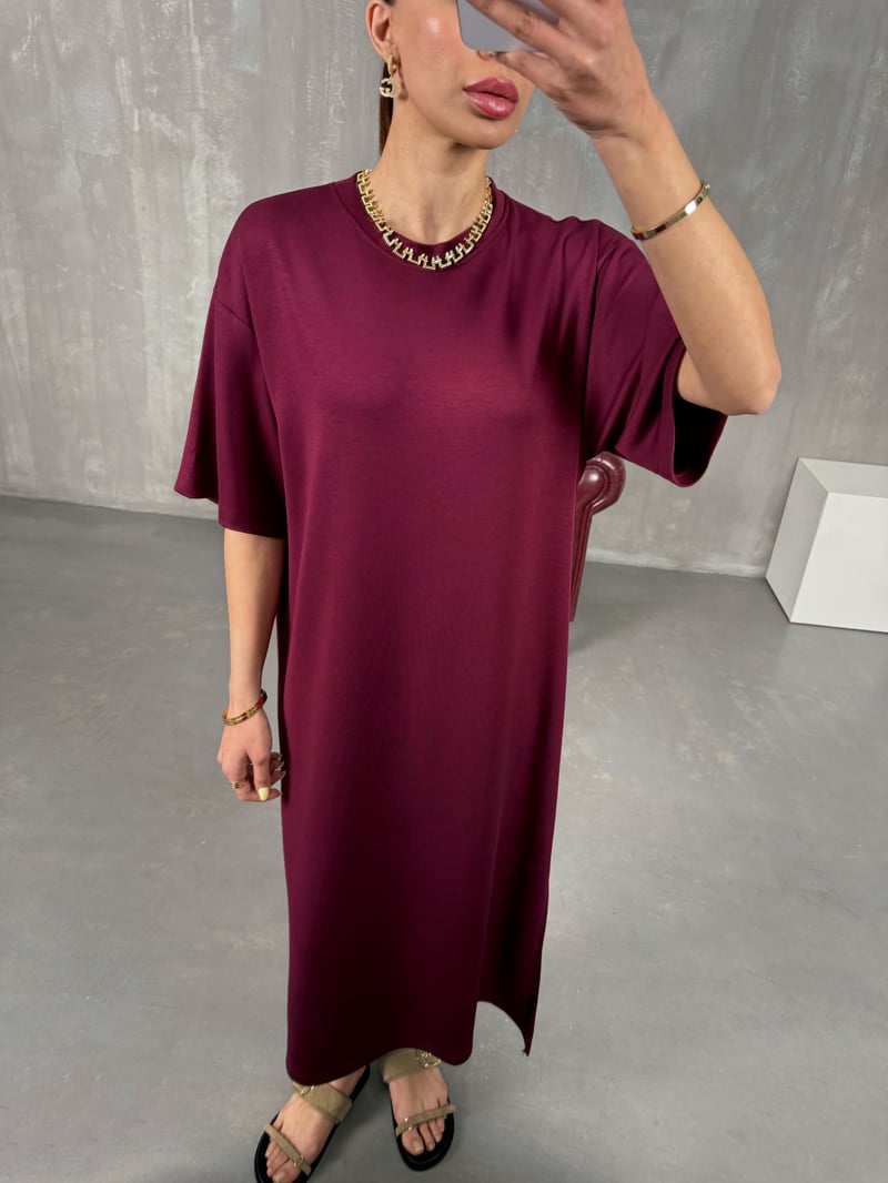 Bordo Modal Kumaş Yırtmaçlı Basic Elbise Gaus00100