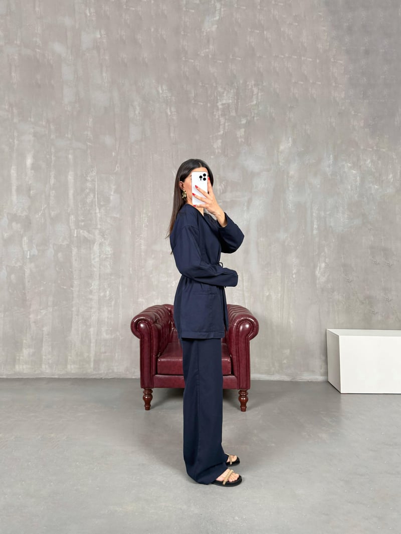 Navy Blue Belted Gabardine Set Gaus00157