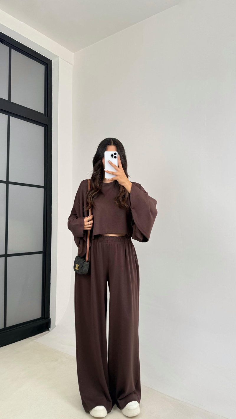Acı Kahve Yarasa Kol Crop Beli Lastikli Pantolon OYS Muadil Modal Takım GAUS-0080
