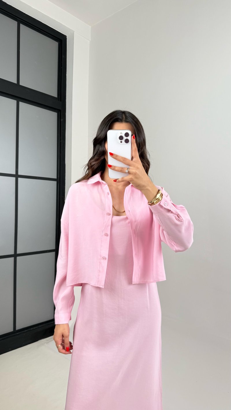 Pembe Ayarlanabilir Askılı Elbise Gömlek İkili Tensel Takım Gaus00467
