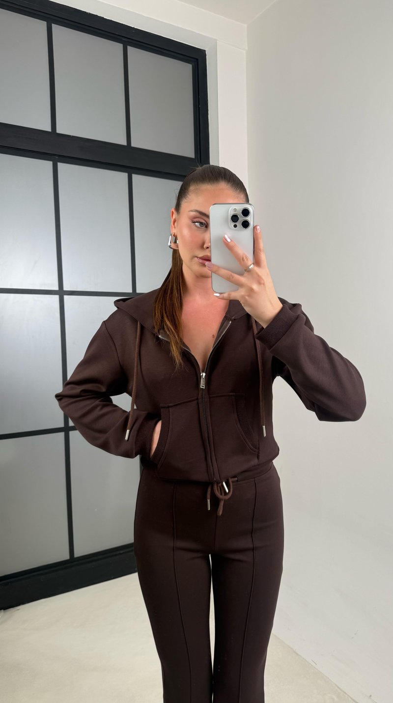 Kahve Crop Hırka Beli Lastikli İspanyol Paça Pantolon İkili Takım GAUS-00557