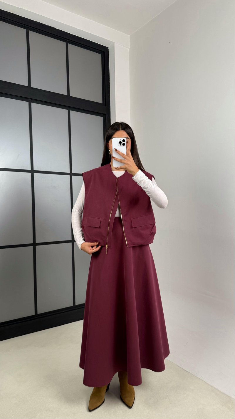 Bordo Astarlı Cep Detaylı Yelek Etek İkili Premium Takım GAUS-00181