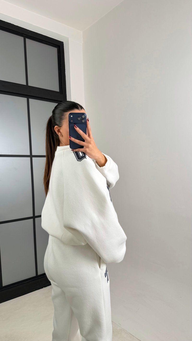 Beyaz ZR Model Baskılı Şardonlu Sweatshirt Eşofman Takım GAUS-00751