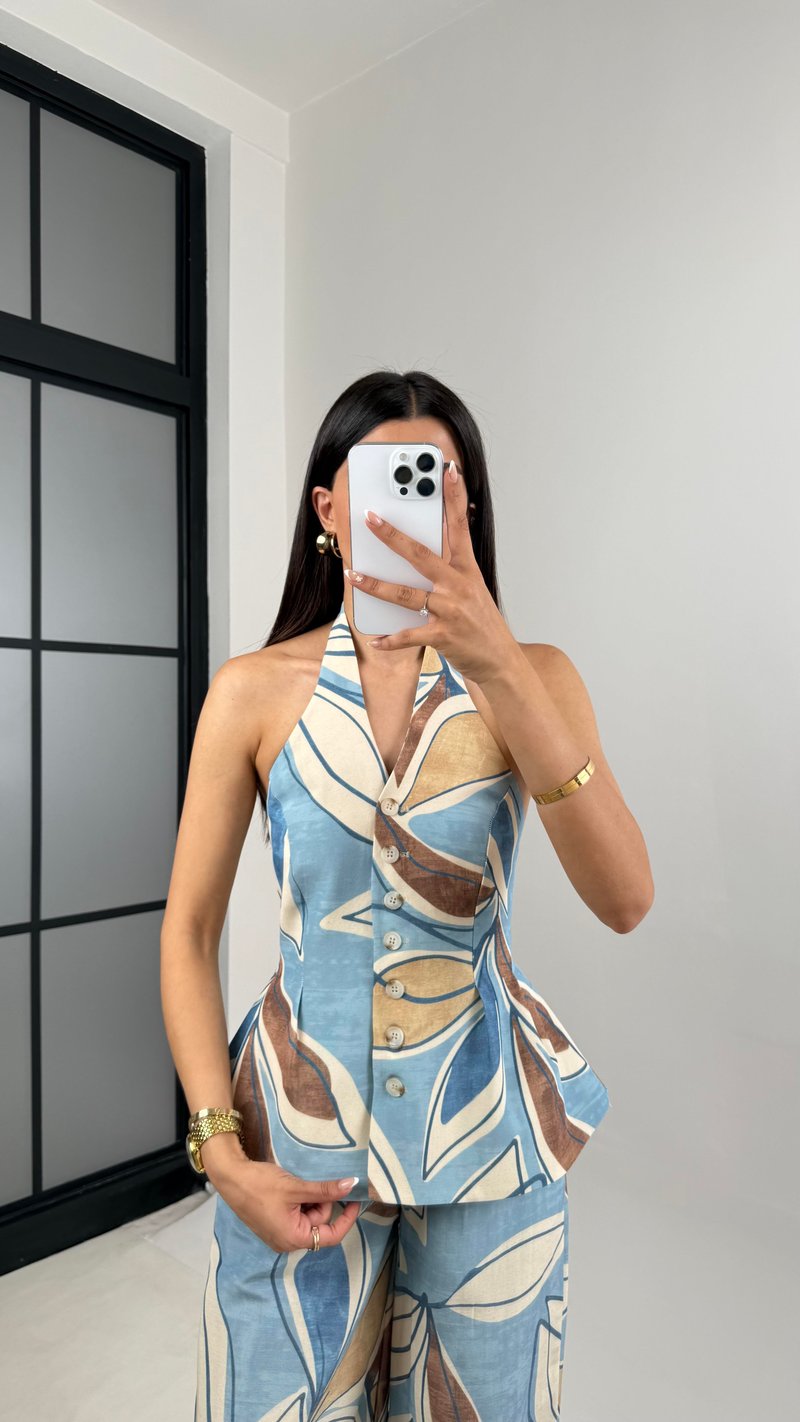 Mavi Çok Renkli Premium Desenli Keten İkili Takım Gaus00589