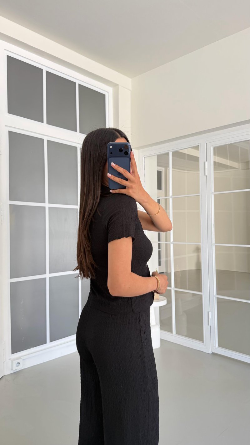 Siyah Crop Bluz Beli Lastikli Pantolon Bürümcük Takım GAUS-01555