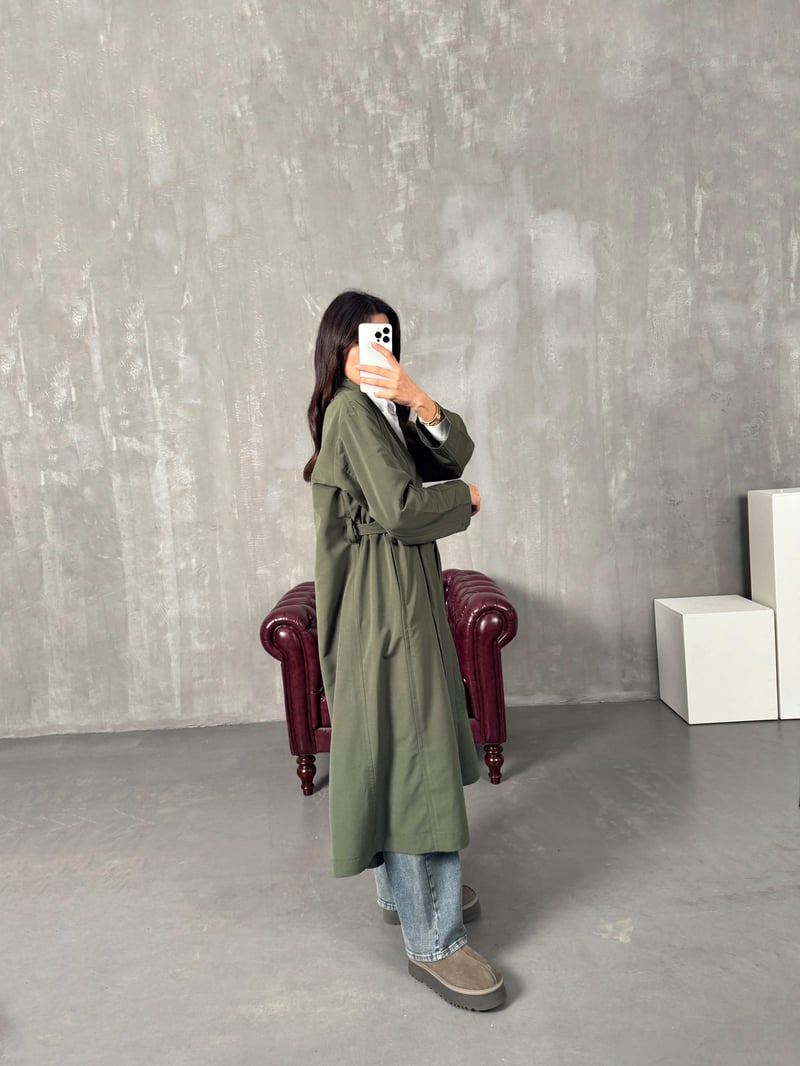 Sindy ZR Haki Muadil Premium Astarsız Kuşaklı Trençkot